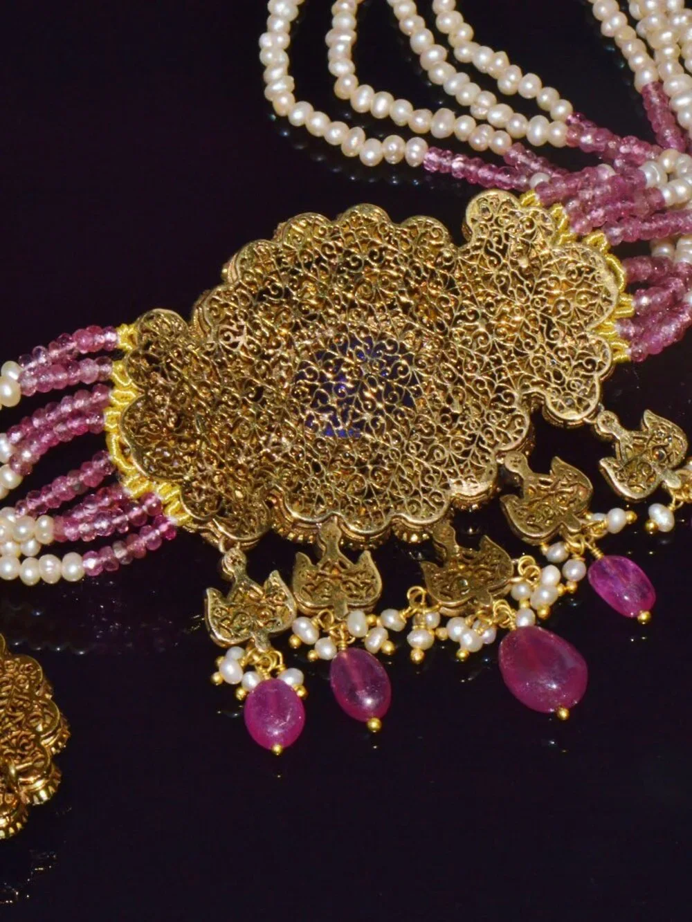 Natural Tanzanite Uncut Diamond Pearl Ruby Tourmaline 18K Gold Necklace Set
